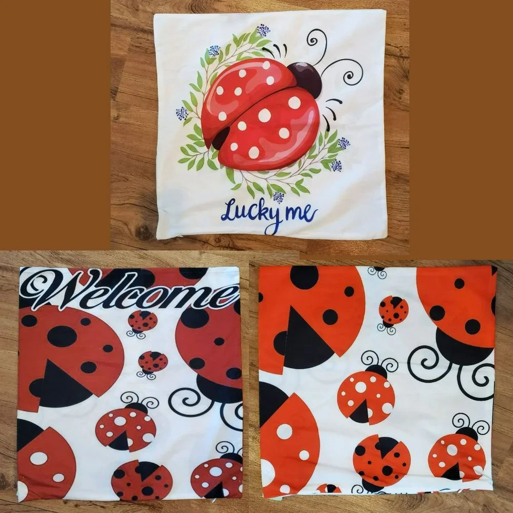 Ladybug Accent Pillow Covers, Set of 3, Lady Bug Insect Decor, Throw Pillow